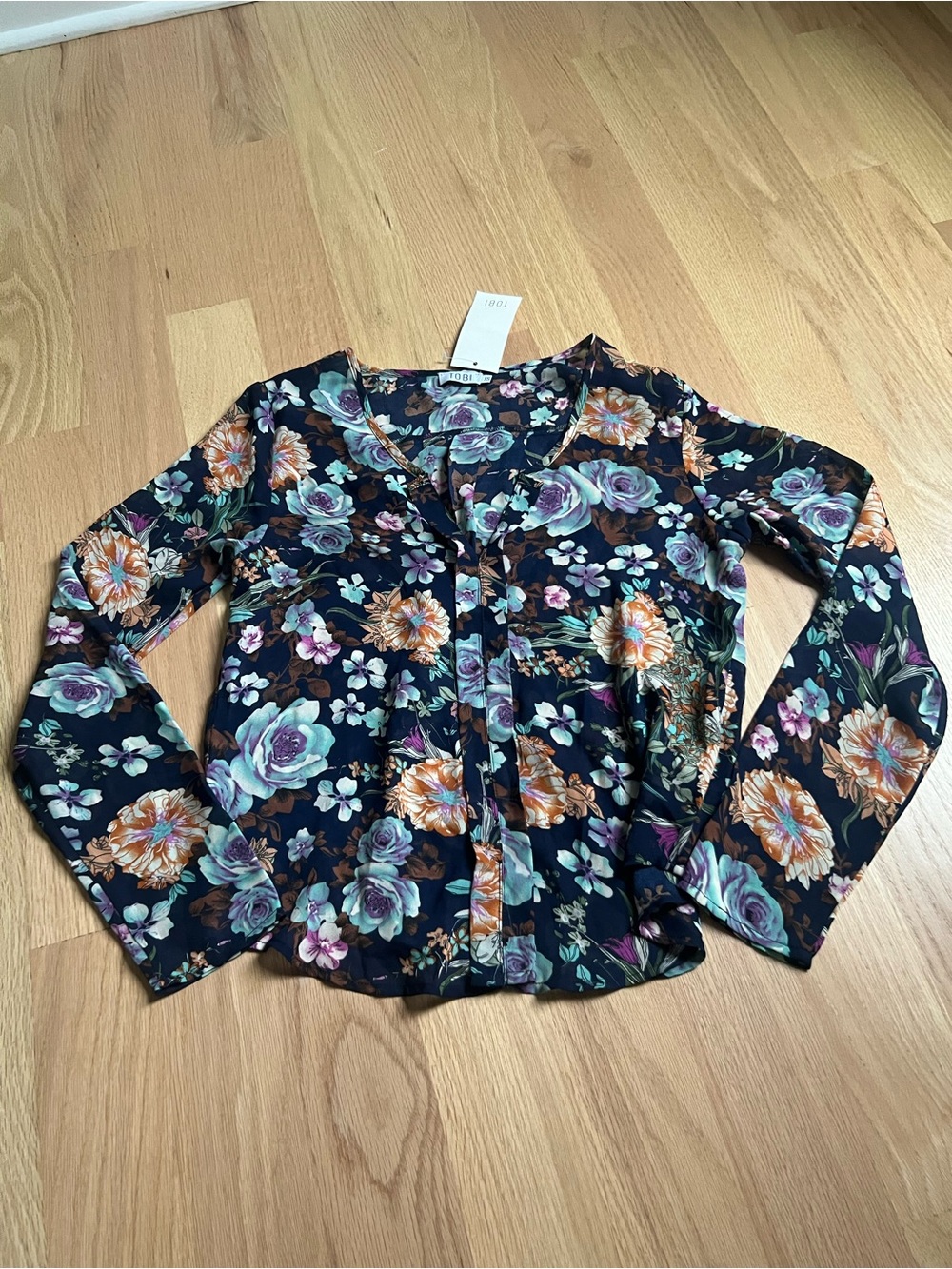 Tobi Navy Floral V-Neck Button-Up Semi-Sheer Blouse XS